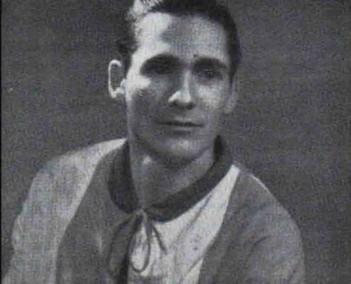 Remo Antonetti detto Rompighiaccio con il giubbetto della Contrada del Leocorno al Palio di Siena del 16 agosto 1950